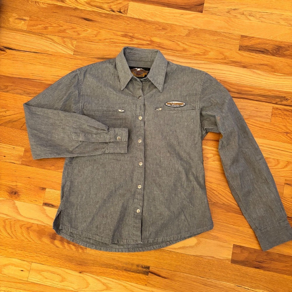 Harley Davidson Women Long Sleeve Button Up Shirt Motorcycles Eagle Logo Blue S